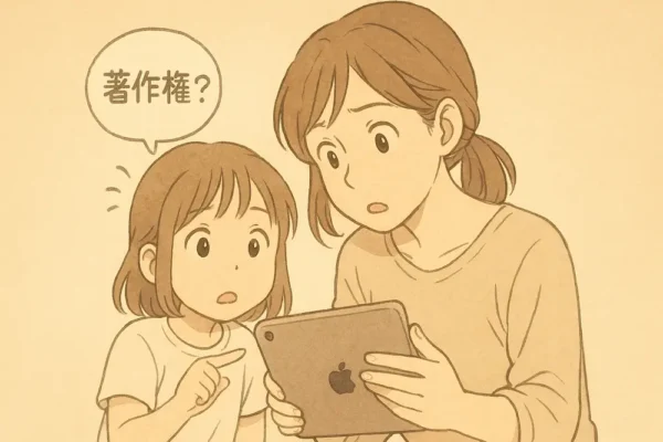 親子が録画された動画を再生中、音が出ないことに気づいて「え?」という顔で顔を見合わせている。背景に小さく「著作権?」の吹き出し。