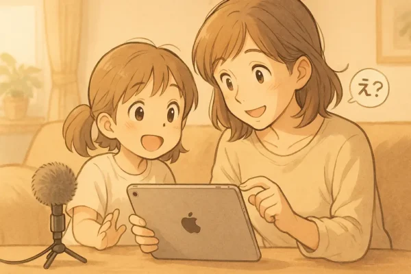 親子がiPadに外付けマイク(風に見えるおもちゃでも可)をつけて録音しているシーン。子どもが少しワクワクしている様子。