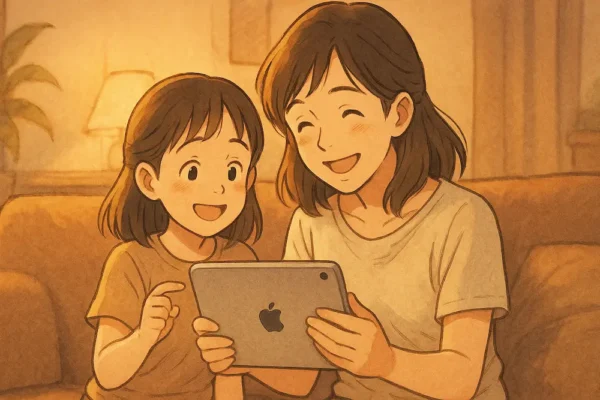 夕暮れの光の中、親子が一緒に録画した動画を再生して見ている。笑顔で「うまく録れたね」と言っている雰囲気