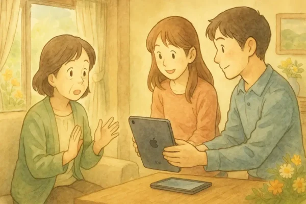 お母さんが、家族からiPadを「どうぞ」と渡されて少し驚いている