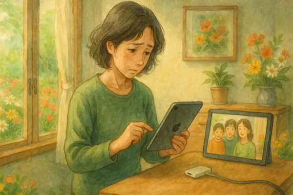 中古ショップやフリマアプリをiPadで見ている女性