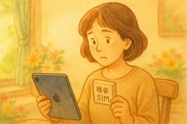 iPadを片手に「格安SIM」と書かれた小さな箱を見つめる女性(ちょっと不安な表情)