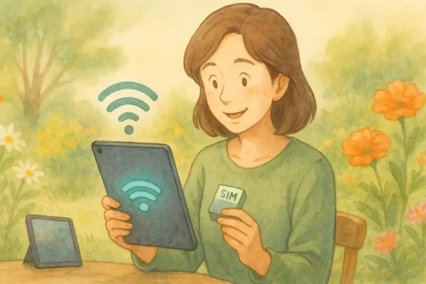 Wi-Fiに自動接続されて「にっこり」している表情の女性+iPad