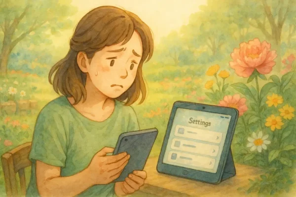 「アレ?使えない…」と設定画面に戸惑っている女性とiPad