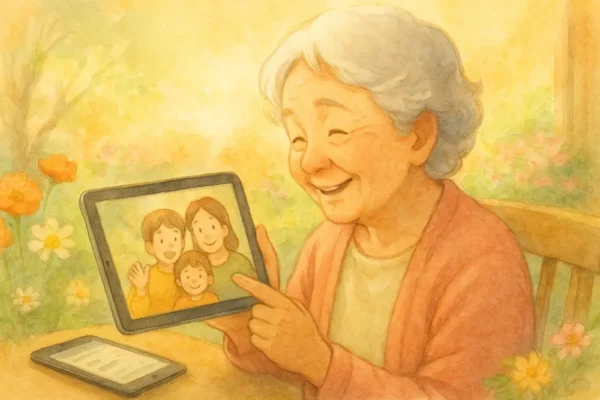 iPadを見ながら家族写真を眺めて笑っているシニア女性、やわらかな春の光と花に囲まれて
