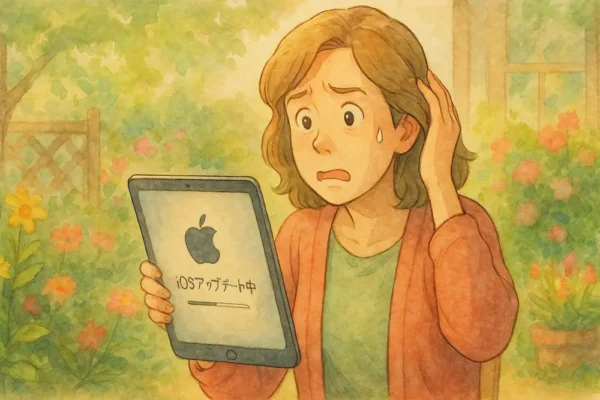 Appleのロゴと「iOSアップデート中」風の画面を見て困っている女性