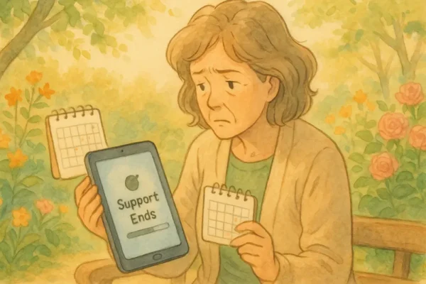 カレンダーとiPadを見比べながら考える女性