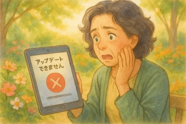 iPadの画面に「アップデートできません」や「×」が出てびっくりしている女性