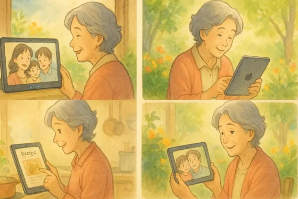 Zoom・読書・レシピ・写真など、iPad活用をしている日常シーンの4コマ風