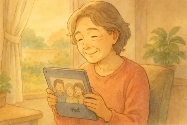 ほっとした顔でiPadを大事そうに使っている女性(家族の写真を見ている)