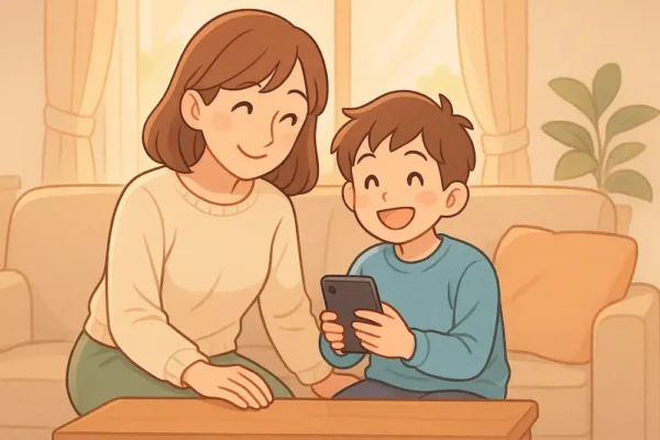スマホ設定ができて、安心した親子が笑顔でリビングにいる風景