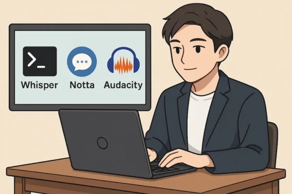 PC画面風の図解 × 落ち着いたアニメキャラWhisper CLI、Notta、Audacity連携などのイメージ図