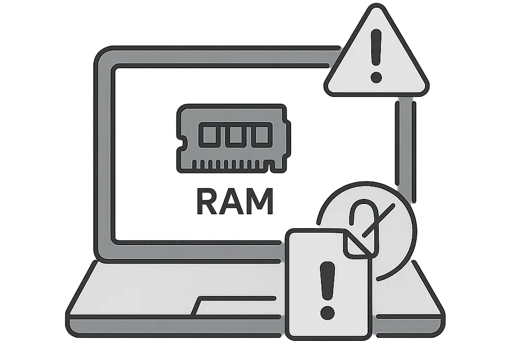 メモリ不足・ファイルサイズ制限を示すイメージPCが重くなる様子(💻+⚠)など