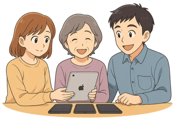 ひなが笑顔でiPadをお母さんに渡しているシーン ひろとは横で「それでいいと思うよ」と笑顔。