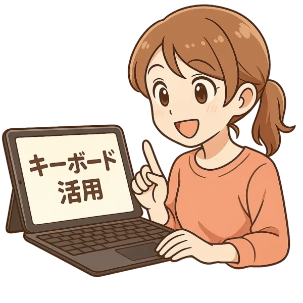 女の子がBluetoothキーボードとiPadを前に置いて、タイピングしている
表情は集中しつつも楽しそう
手元中心に、キーボードとiPadがしっかりわかる構図