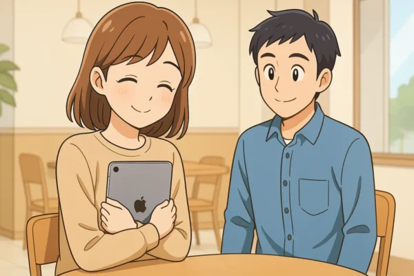 陽菜が1台のiPadを胸に抱えて微笑む。「とりあえずこれでいいかも」
ひろとは優しく見守る。