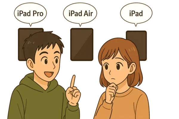 ▶ 二人でホワイトボードやタブレットの画面を見ながら、違いを比較しているシーン