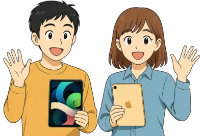 二人が笑顔で並び、iPadをそれぞれ持って読者に手を振る。