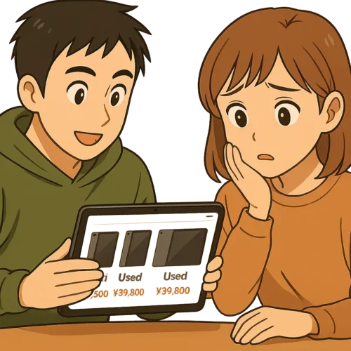 ▶ 二人が中古ショップのサイトをタブレットで見ているシーン
(「安いけど大丈夫かな?」と陽菜が心配している表情)