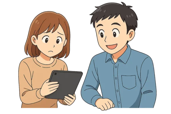 ひながiPad第8世代を見て「これ、お母さんに渡していいのかな？」と考えている。
手にiPadを持って首をかしげる。
ひろとは横で優しく見守る。