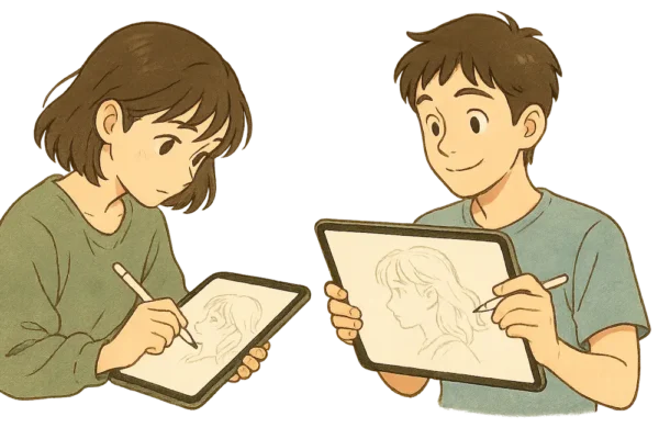 2人がiPadにお絵描きしている横並びシーン（サイズ差を強調）
→ あかり：コンパクトな画面で集中中
→ そうた：ゆったり構えた13インチにスムーズな線を描く
→ 鉛筆やブラシのイメージが浮かぶような演出あり（線・花など）