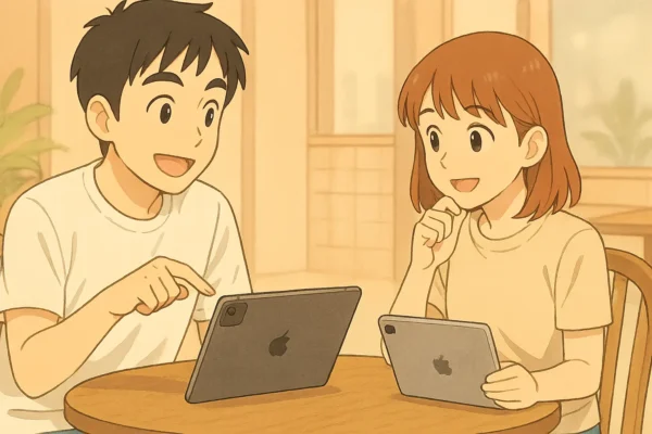 カフェのテーブルで、2人が笑顔で話している