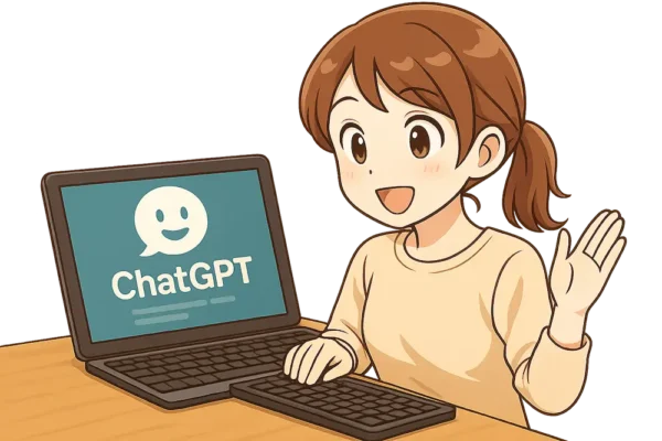 iPadにキーボードをBluetooth接続してChatGPTを使っている様子。iPadの画面のChatGPTも顔があって、その顔がうれしそうな様子