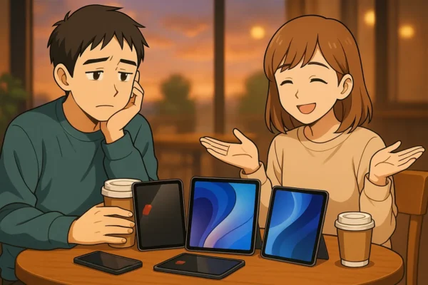 夕方のカフェ、ひろとがコーヒー片手にちょっと疲れ顔、陽菜は笑顔で肩をすくめている。 → テーブル上にiPad数台とスマホ、カフェラテのカップあり。