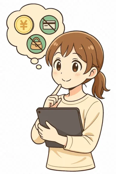iPadを持って、お金を節約しているのを頭で思い浮かべる👉これ使う、これ使わないなど