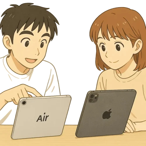 テーブルにiPad Pro（13インチ）とAir（13インチ）が並んでいる
陽菜がProに興味津々、ひろとがAirを指差しながら説明中