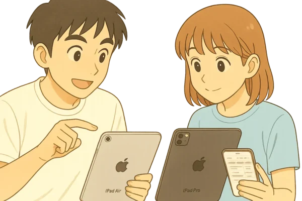 陽菜がスマホで中古サイトを見ていて、ひろとがPro/Air実物を見せながら「こっちが○○世代」など比較している