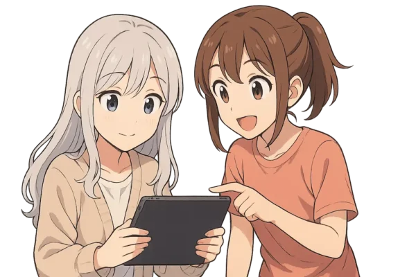 おばあちゃんがiPadで本を読んでいて、
お孫さんが横から指を差しながら説明。