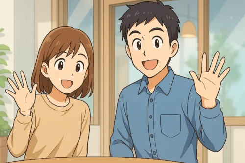 2人が手を振って「じゃあねー！」と読者に向かって笑顔。