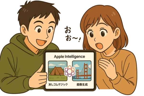 ▶ 二人がiPadの画面で「消しゴムマジック」や「画像生成」を試して楽しんでいるシーン
（陽菜が「おお～！」と驚いている）