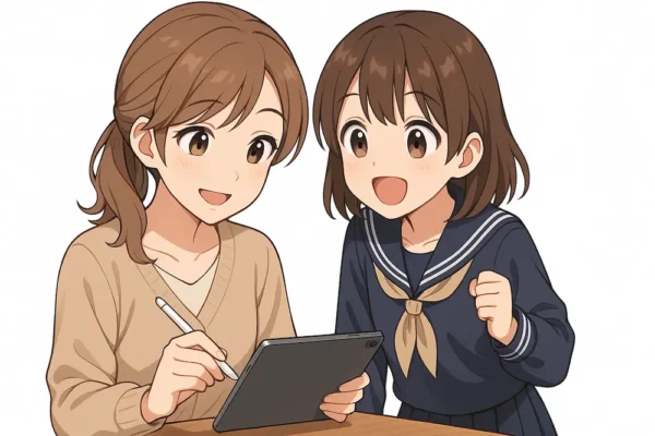 姉がiPadでノートアプリを開いてペンで書いている。
妹が横からのぞきこみながら「すごい!」と目を輝かせている。