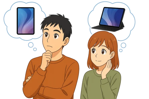 自分の持っている無印のiPadの機能を2人が思い浮かべている