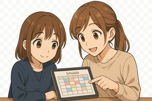 二人が並んでiPadをテーブルに置き、予定表を一緒に確認している。
姉が予定を指差しながら説明、妹はうなずいている。