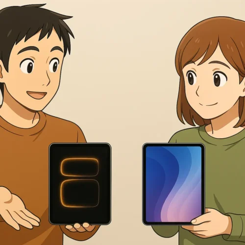 ひろとが「何を重視するかで選択が変わるよ」という表情（文字は不要）で二つのiPadを持って、どっちが重く、どっちかが軽いようなジェスチャー。陽菜はなるほどの表情。