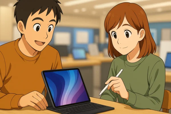 店頭でひろとと陽菜がiPadにAppleペンシルを使って試している。