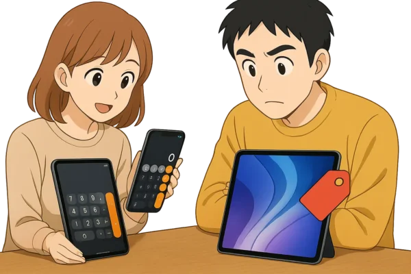 陽菜が電卓アプリを開いたiPadを持っていて、ひろとが値札のついたiPadを眺めている様子。 → 値札風アイコンはあってもOK（シンプルな赤いタグ）。