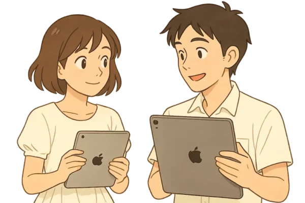 並んだ2人がそれぞれのiPadを手に持ち、比べている様子
→ あかり：10.9インチを両手で大事そうに
→ そうた：13インチを片手で見せている
→ 比較の雰囲気を出すため、互いに顔を見合わせている構図