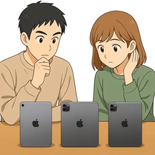 ひろとが第3～5世代のiPadを横並びに置いて、それぞれを陽菜と交互に見比べているシーン。 → それぞれの背面デザインが分かるように、微妙にカメラや厚みの違いを表現。