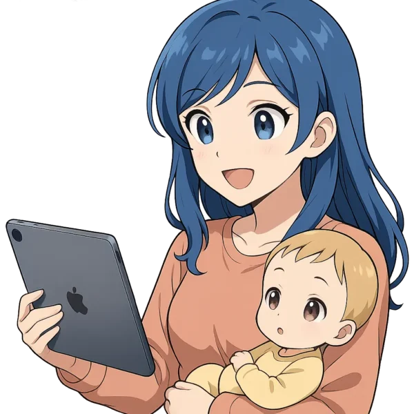 "「赤ちゃんを抱っこしながら笑顔でiPadを見る母」
iPadの軽さ・快適さに感動している表情
