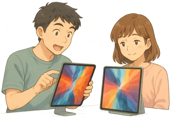構図：ひろとが ベゼルレスの11インチ iPad Pro（第3世代） を手に取り、「デザイン変わったね！」と驚いている。陽菜は12.9インチモデルを見ながら微笑んでいる。  背景：近未来的な展示ブース、ライトグレーのテーブル