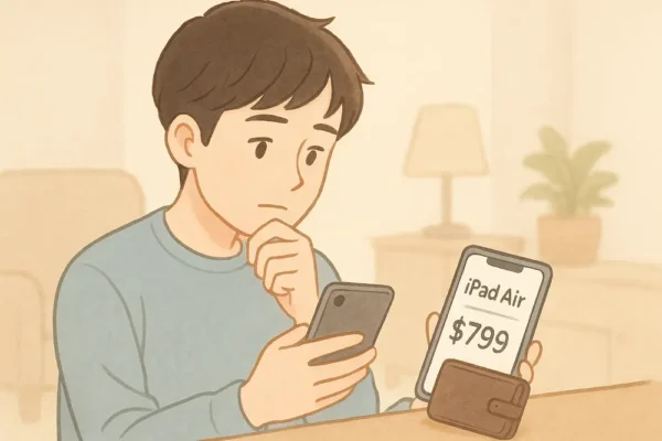 男の子が悩みながら価格を見ている/財布を見ながら「うーん」と考えている