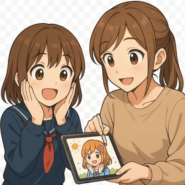 姉がiPadにイラストを描いている。
妹が両手をほっぺにあて「かわいい〜!」と感動している。