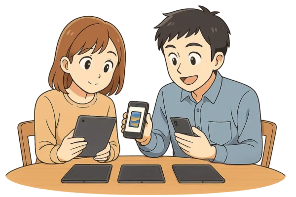 ひろとがスマホを見せながら「中古ならここだよ」と教えている
ひなはスマホをのぞき込んで「へぇ～」と見ている。