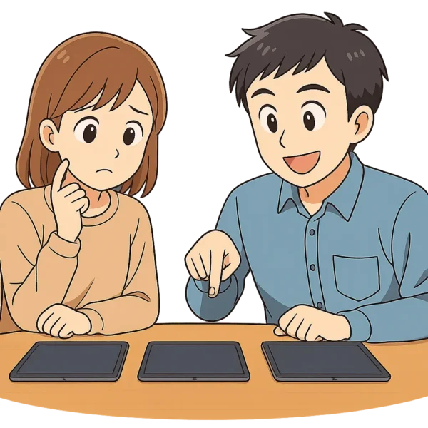 二人でiPadを並べて比べているイラスト 机の上に第8世代・第9世代・第11世代 ひな：「どれがいいのかな…」と首をかしげる
