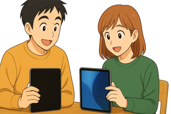 陽菜が第11世代のiPadを手にして、ひろとが第9 or 10世代と並べて見比べている。 → 2人が「へぇ～」と感心している様子で。