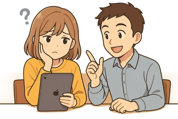iPadを持って、ちょっと困った顔 「そろそろ買い替えかな…？」と考えている雰囲気 ひろとは横でニコニコ（まだアドバイスしていない）